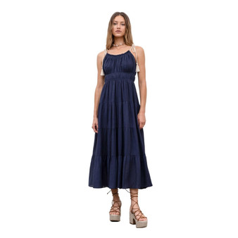 Women's Shirred Tassel Strap Midi Dress
