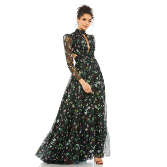 Women's Floral Print High Neck Keyhole Lace Up Gown