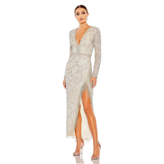 Women's Embellished Long Sleeve V Neck Beaded Hem Gown