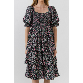 Women's Floral Smocked Midi Tiered Dress