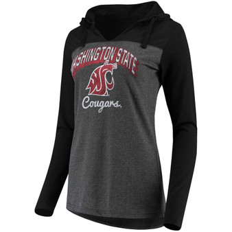 Women's Charcoal Washington State Cougars Knockout Color Block Long Sleeve V-Neck Hoodie T-shirt