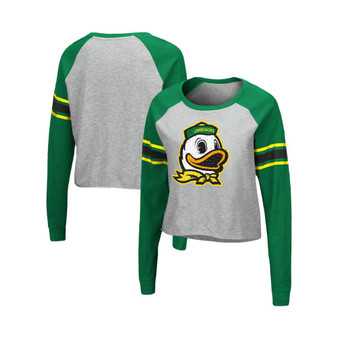 Women's Heathered Gray and Green Oregon Ducks Decoder Pin Raglan Long Sleeve T-shirt