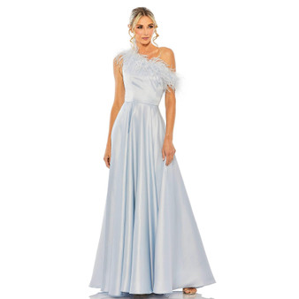 Women's One Shoulder A Line Gown With Feather Detail
