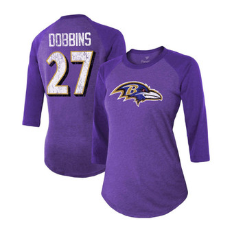 Women's J.K. Dobbins Purple Baltimore Ravens Team Player Name Number Tri-Blend Raglan 3/4 Sleeve T-shirt