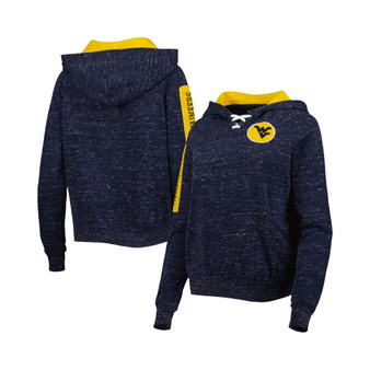 Women's Navy West Virginia Mountaineers The Devil Speckle Lace-Placket Raglan Pullover Hoodie
