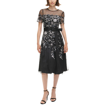 Women's Illusion-Neck Embroidered Mesh Dress
