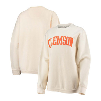 Women's White Clemson Tigers Comfy Cord Vintage-Like Wash Basic Arch Pullover Sweatshirt