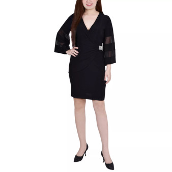 Petite Sheer-Sleeve Wrap Dress