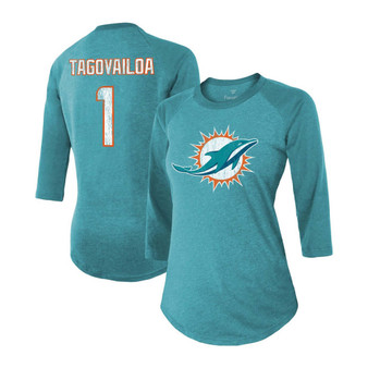 Women's Tua Tagovailoa Aqua Miami Dolphins Player Name Number Raglan 3/4 Sleeve Tri-Blend T-shirt