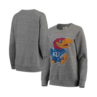Women's Heathered Gray Kansas Jayhawks Big Team Logo Knobi Fleece Tri-Blend Crew Neck Sweatshirt
