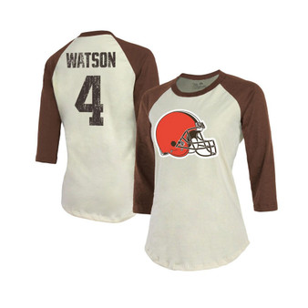Women's Threads Deshaun Watson Cream, Brown Cleveland Browns Name & Number Raglan 3/4 Sleeve T-shirt