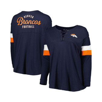 Women's Navy Denver Broncos Plus Size Athletic Varsity Lace-Up V-Neck Long Sleeve T-shirt