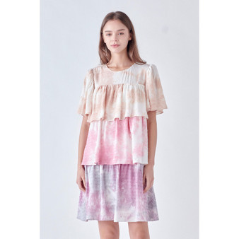 Women's Tie Dye Swiss Dot Tiered Mini Dress