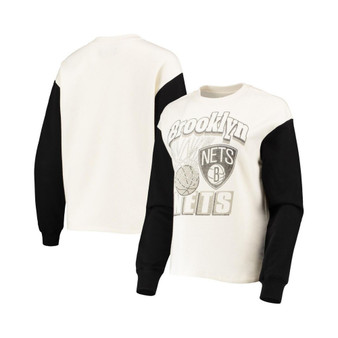 Women's White and Black Brooklyn Nets Contrast Sleeve Pullover Sweatshirt
