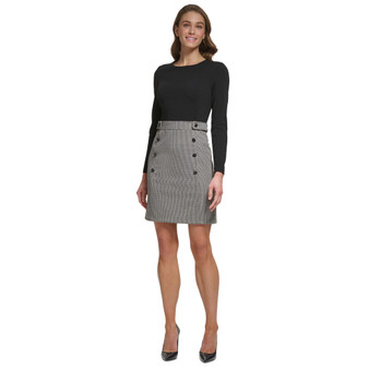 Petite Mixed-Media Houndstooth Sheath Dress