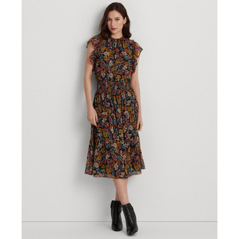 Women's Floral Crinkle Georgette Tie-Neck Dress