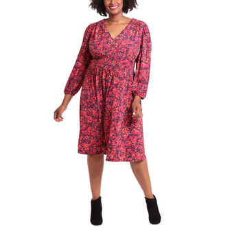 Plus Size Smocked-Trim Long-Sleeve Dress