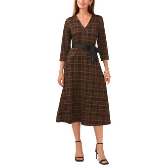 Petite Plaid-Print Faux-Leather-Belt Midi Dress