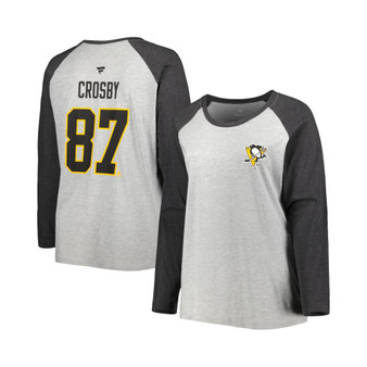 Women's Branded Sidney Crosby Heather Gray, Heather Charcoal Pittsburgh Penguins Plus Size Name and Number Raglan Long Sleeve T-shirt