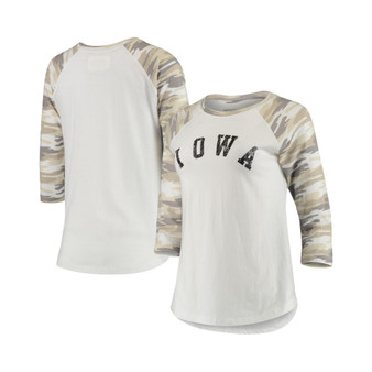Women's White and Camo Iowa Hawkeyes Boyfriend Baseball Raglan 3/4-Sleeve T-shirt