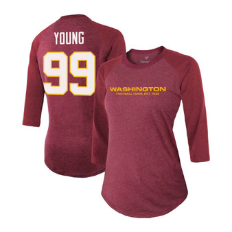 Women's Chase Young Burgundy Washington Football Team Player Name Number Tri-Blend Raglan 3/4 Sleeve T-shirt