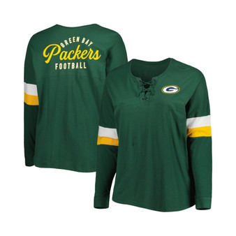 Women's Green Green Bay Packers Plus Size Athletic Varsity Lace-Up V-Neck Long Sleeve T-shirt