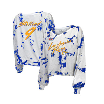 Women's Threads Matthew Stafford Royal, White Los Angeles Rams Super Bowl LVI Champions Off-Shoulder Tie-Dye Name Number Long Sleeve V-Neck T-shirt
