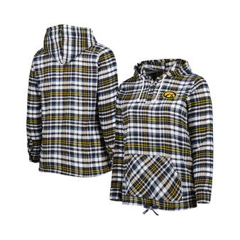 Women's Black, Gold Iowa Hawkeyes Plus Size Mainstay Plaid Henley Raglan Pullover Hoodie