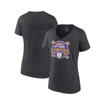 Women's Branded Heather Charcoal LSU Tigers 2023 NCAA Men's Baseball College World Series Champions Official Logo V-Neck T-shirt