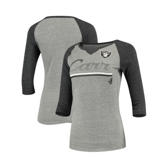 Women's Juniors Derek Carr Heathered Gray and Black Las Vegas Raiders Over the Line Player Name and Number Tri-Blend 3/4-Sleeve V-Notch T-shirt