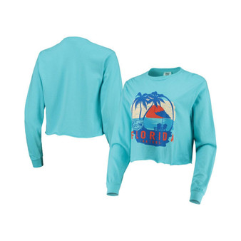Women's Teal Florida Gators Palm Trees Sunset Long Sleeve Crop Top