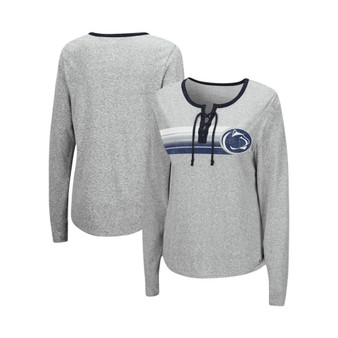 Women's Heathered Gray Penn State Nittany Lions Sundial Tri-Blend Long Sleeve Lace-Up T-shirt