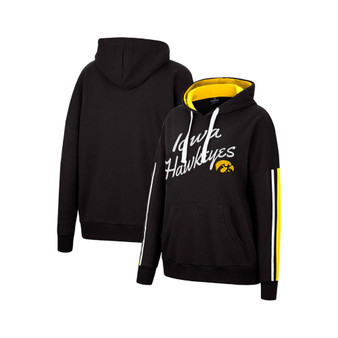 Women's Black Iowa Hawkeyes Serena Oversized Sleeve Striping V-Neck Pullover Hoodie