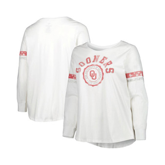 Women's White Oklahoma Sooners Contrast Stripe Plus Size Scoop Neck Long Sleeve T-shirt