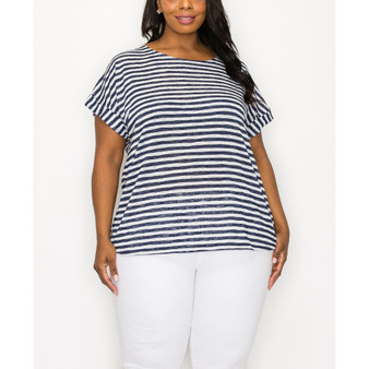 Plus Size Slub Stripe Roll Sleeve Side Button Top