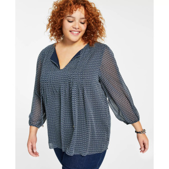 Plus Size Printed Pintucked Top