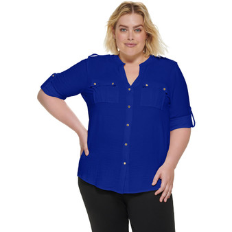 Plus Size Textured Roll Tab Button Down Shirt