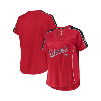 Women's Red Washington Nationals Plus Size Diva Notch Neck Raglan T-shirt