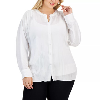 Plus Size Shirred Round-Neck Button-Front Top