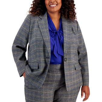 Plus Size Plaid One-Button Notched-Collar Blazer