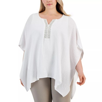 Plus Size Embellished Gauze Poncho Top, Created for Macy's