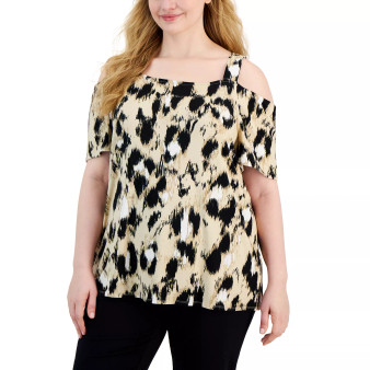 Plus Size Strokes Square-Neck Cold-Shoulder Top, Created for Macy's
