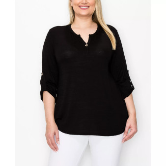 Plus Size 1 Button Henley Rolled Tab 3/4 Sleeve Top