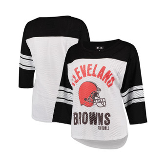 Women's White, Black Cleveland Browns First Team Three-Quarter Sleeve Mesh T-shirt