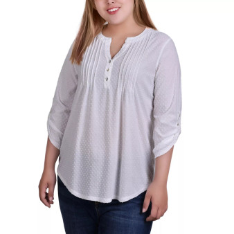 Plus Size 3/4 Tab Sleeve Y-Neck Blouse