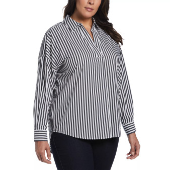 Plus Size Stripe Poplin Popover Long Sleeve Blouse