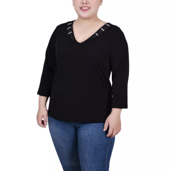 Plus Size Tunic Top with Illusion Neckline and Stones