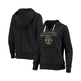 Women's Black New Orleans Saints Raw Edge Raglan Notch Neck Pullover Hoodie