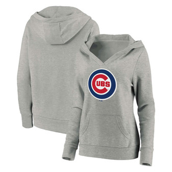 Plus Size Heathered Gray Chicago Cubs Official Logo Crossover V-Neck Pullover Hoodie