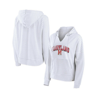 Women's Branded White Maryland Terrapins Striped Notch Neck Pullover Hoodie